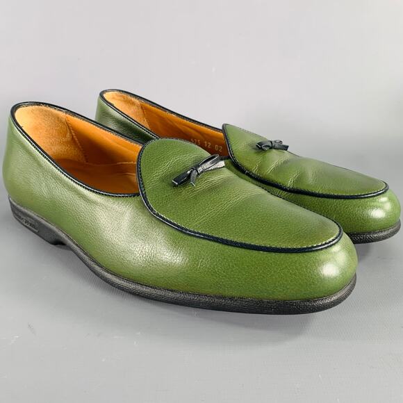 A.TESTONI Size 8 Green Black Contrast Stitch Leather Slip On Loafers main image 10